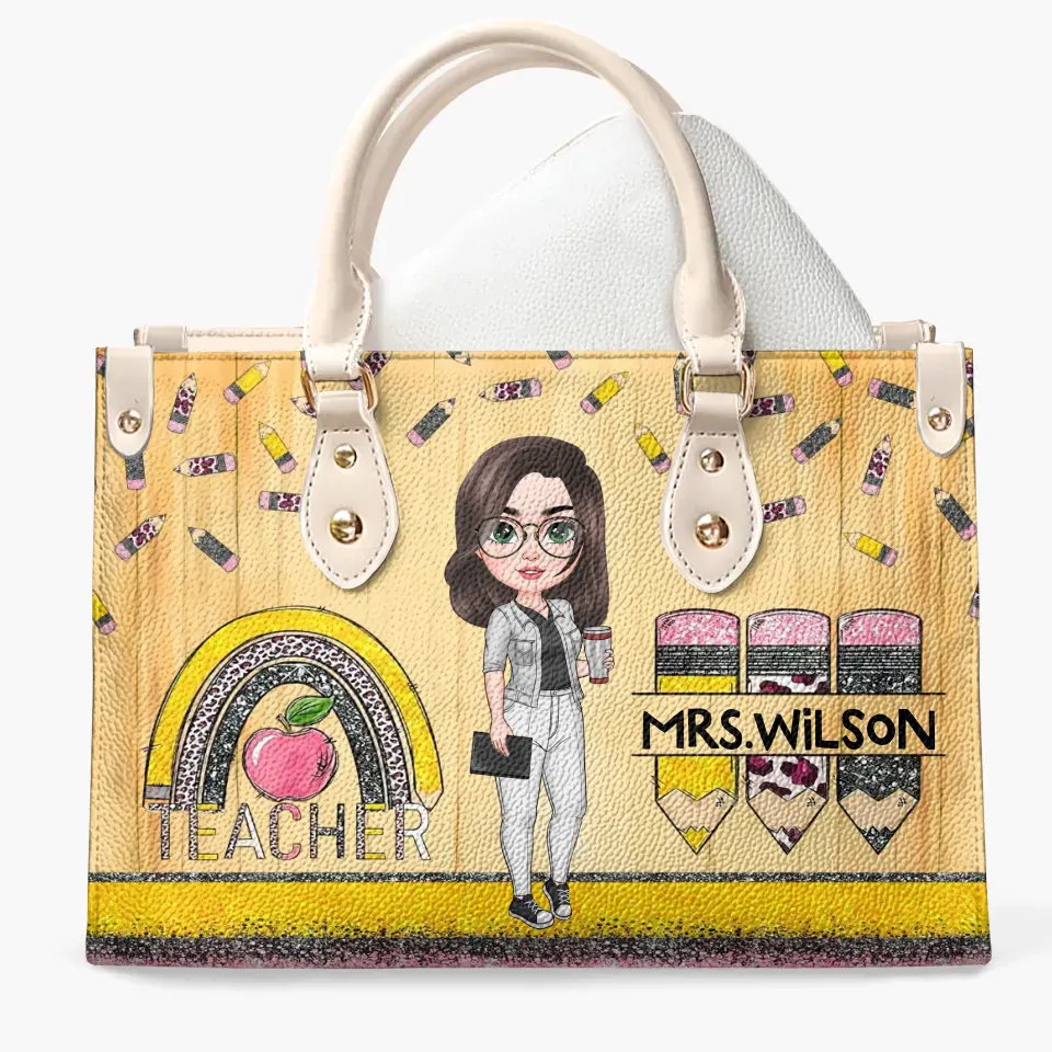 Personalized Custom Leather Bag - Teacher's Day, Appreciation Gift For Teacher - Teacher Rainbow Apple
