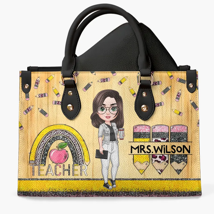 Personalized Custom Leather Bag - Teacher's Day, Appreciation Gift For Teacher - Teacher Rainbow Apple