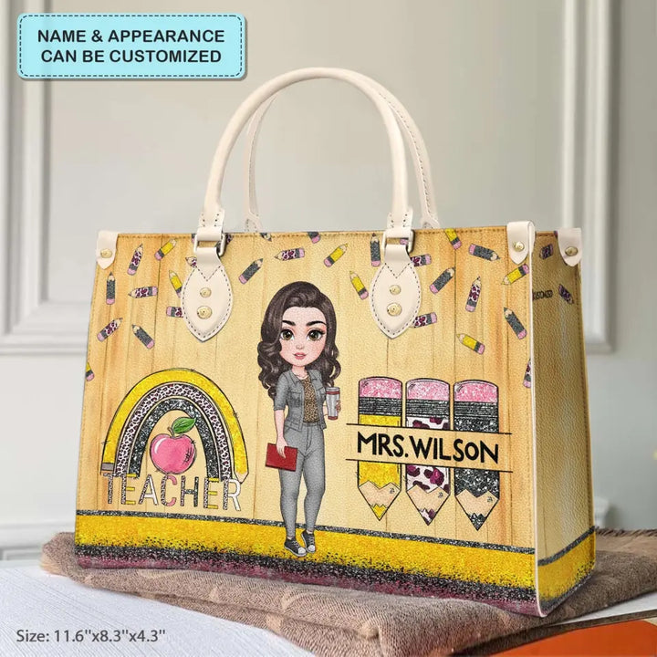 Personalized Custom Leather Bag - Teacher's Day, Appreciation Gift For Teacher - Teacher Rainbow Apple