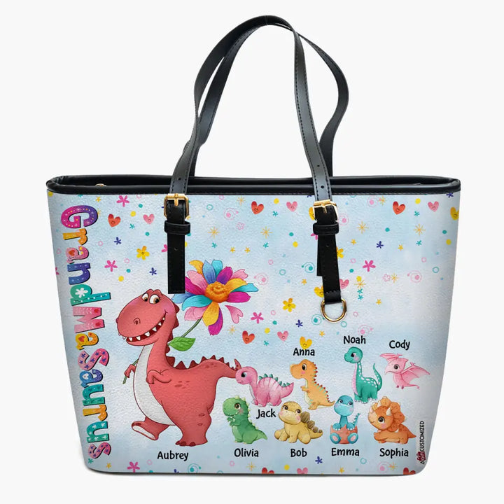 Personalized Custom Leather Bucket Bag - Mother's Day Gift For Grandma, Mom - Grandmasaurus