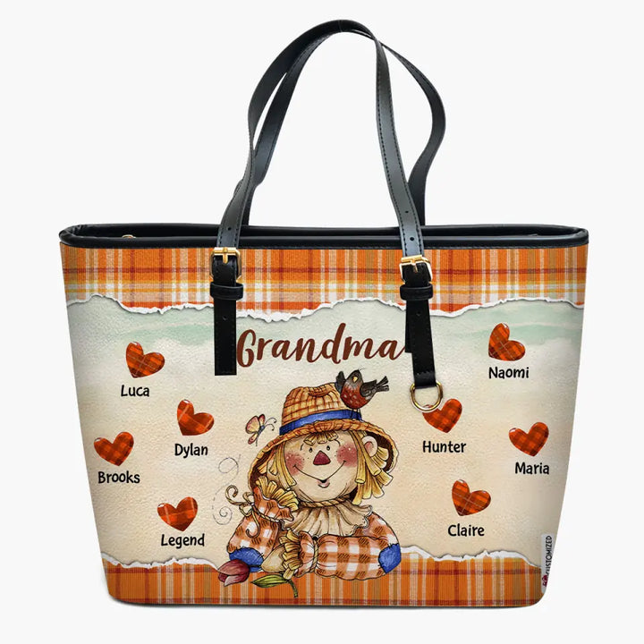 Personalized Custom Leather Bucket Bag - Mother's Day, Fall Gift For Grandma, Mom - Nana Hearts Fall