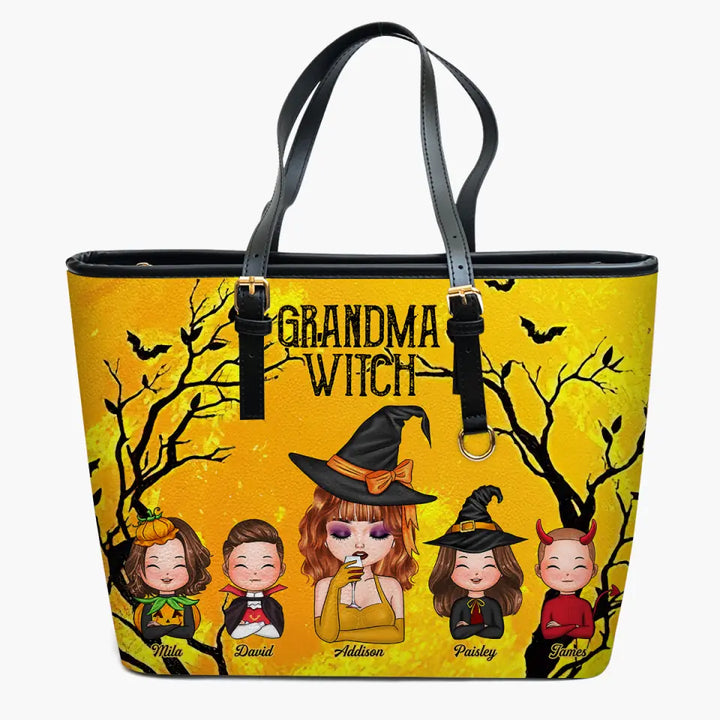 Personalized Custom Leather Bucket Bag - Halloween, Mother's Day Gift For Grandma, Mom - Grandma Witch