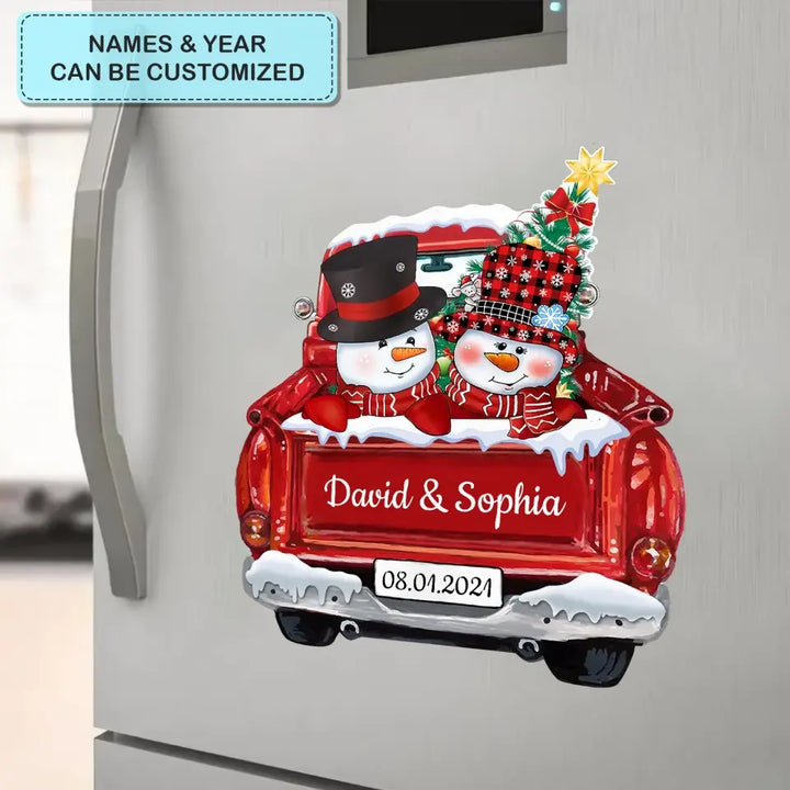 Christmas Couple Snowman On Red Truck - Personalized Custom Decal - Christmas, Winter Gift For Couple, Grandma, Mom, Grandpa, Dad, Husband, Wife, Family Members