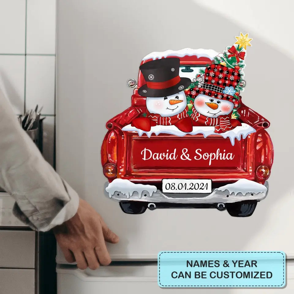 Christmas Couple Snowman On Red Truck - Personalized Custom Decal - Christmas, Winter Gift For Couple, Grandma, Mom, Grandpa, Dad, Husband, Wife, Family Members