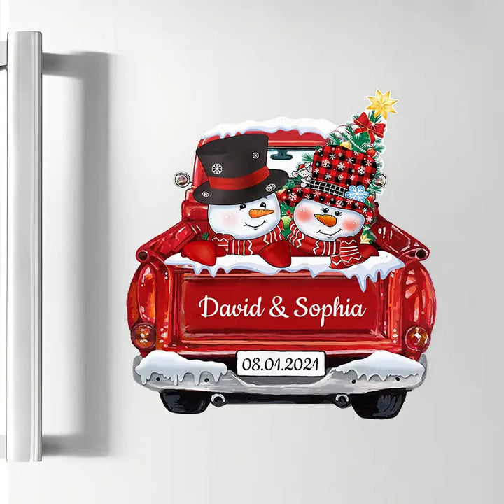 Christmas Couple Snowman On Red Truck - Personalized Custom Decal - Christmas, Winter Gift For Couple, Grandma, Mom, Grandpa, Dad, Husband, Wife, Family Members