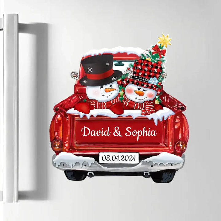 Christmas Couple Snowman On Red Truck - Personalized Custom Decal - Christmas, Winter Gift For Couple, Grandma, Mom, Grandpa, Dad, Husband, Wife, Family Members