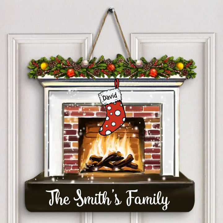 Merry Christmas Fireplace - Personalized Custom Door Sign - Christmas Gift For Mom, Dad, Grandma, Grandpa, Family Members