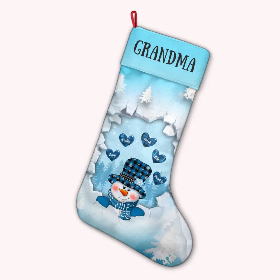 Unique Christmas Snowman Crack Pattern Heart Kids - Personalized Custom Christmas Stocking - Christmas Gift For Grandma, Mom, Family Members