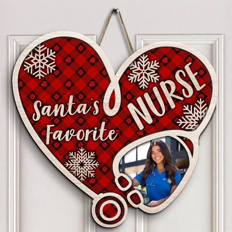 Santa's Favorite Nurse - Personalized Custom Door Sign - Nurse's Day, Christmas Gift For Nurse