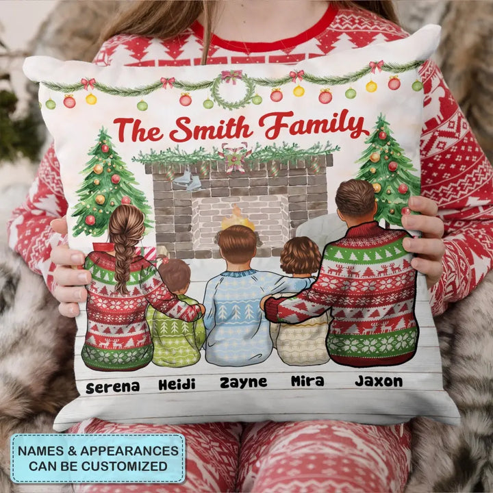 Family Sitting At Fireplace - Personalized Custom Pillow Case - Christmas Gift For Family, Family Members