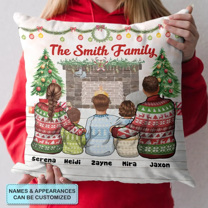 Family Sitting At Fireplace - Personalized Custom Pillow Case - Christmas Gift For Family, Family Members