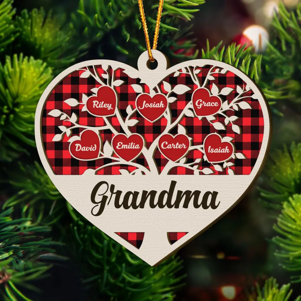 Family Tree Heart Grandkids - Personalized Custom Layer Wood Ornament - Christmas Gift For Grandma, Mom, Family Members