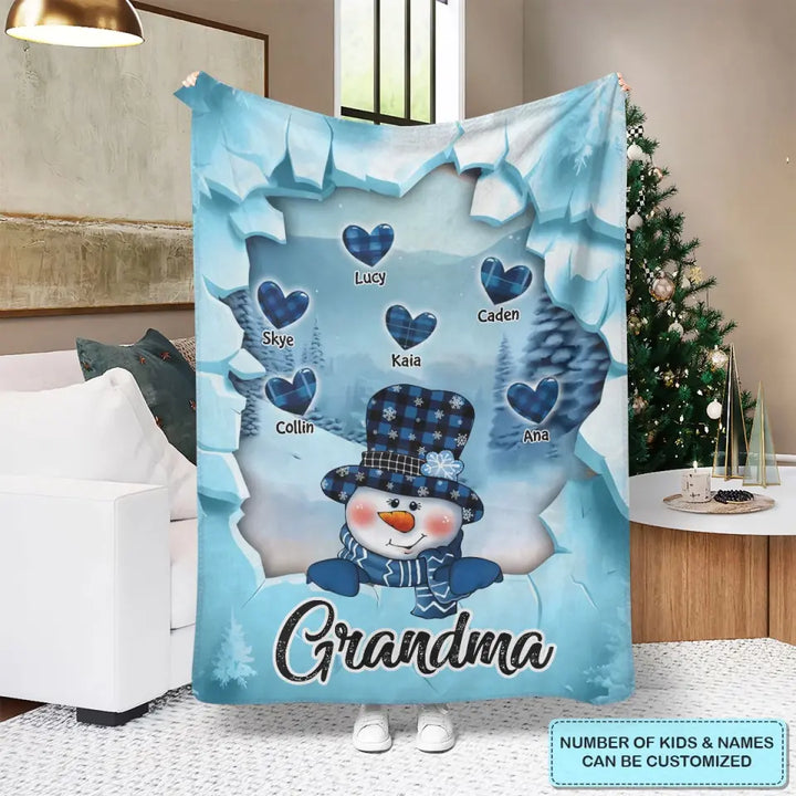 Snowman Grandma Mom Crack Pattern Heart Kids - Personalized Custom Blanket - Mother's Day, Christmas Gift For Grandma, Mom, Family Members
