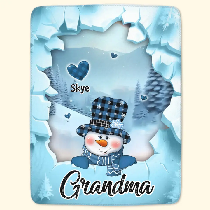 Snowman Grandma Mom Crack Pattern Heart Kids - Personalized Custom Blanket - Mother's Day, Christmas Gift For Grandma, Mom, Family Members