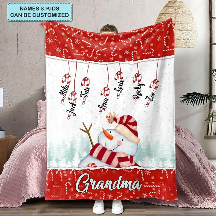 Cute Laughing Snowman Grandma Mom Sweatheart Kids - Personalized Custom Blanket - Mother's Day, Christmas Gift For Grandma, Mom, Family Members