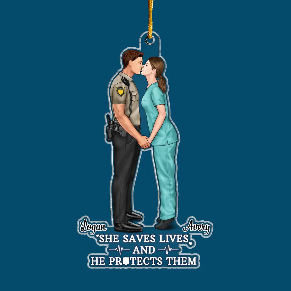 She Saves Lives And He Protects Them - Personalized Custom Shape Mica Ornament - Christmas, Birthday Gift For Couple CLA0AD017