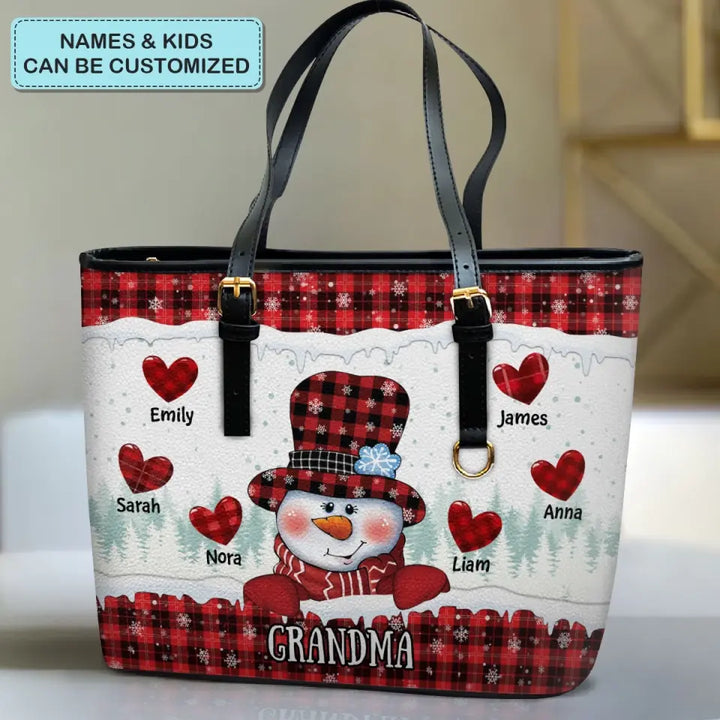 Personalized Leather Bucket Bag - Mother's Day, Christmas Gift For Grandma, Mom - Christmas Snowman Nana Sweetheart Kids