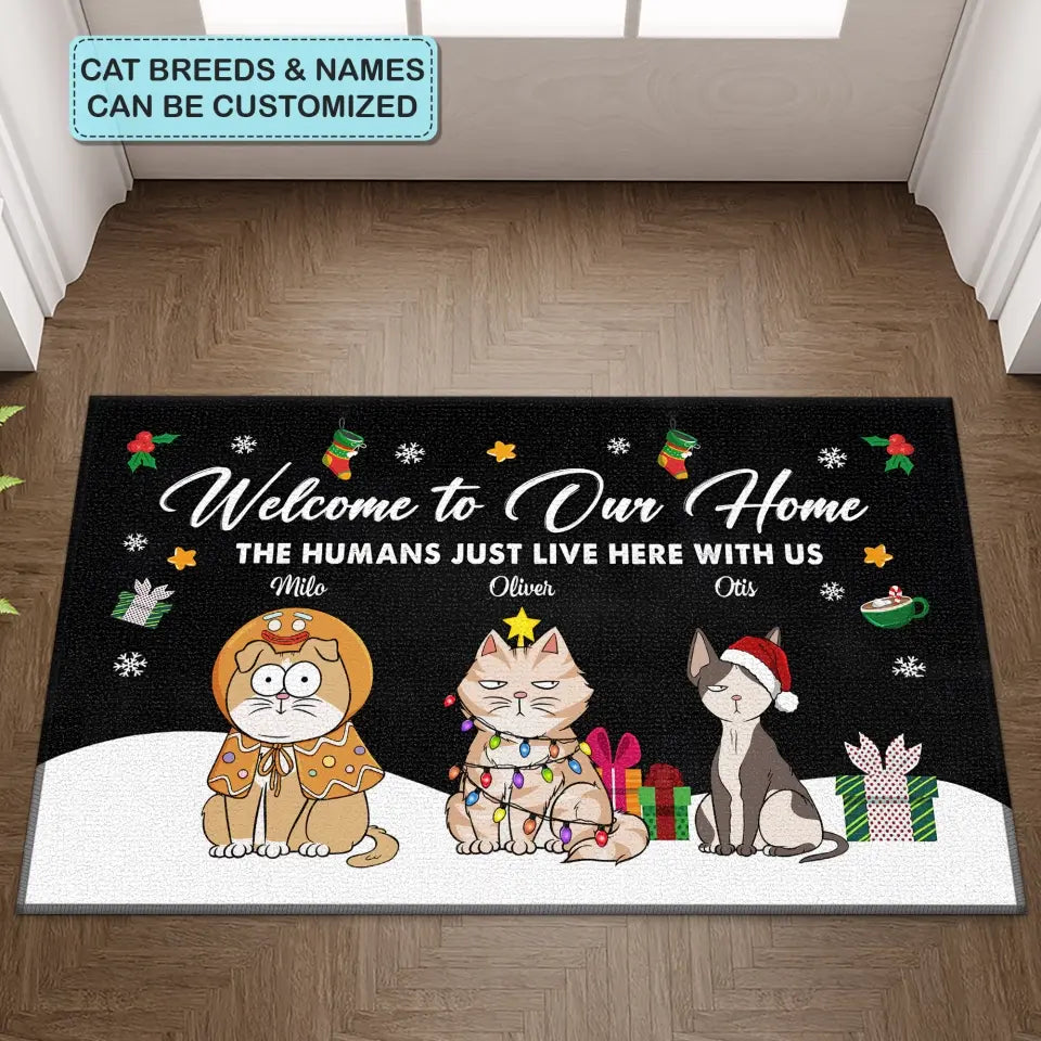 The Humans Just Live Here With Us - Personalized Custom Doormat - Chrismast Gift For Cat Mom, Cat Dad, Cat Lover, Cat Owner