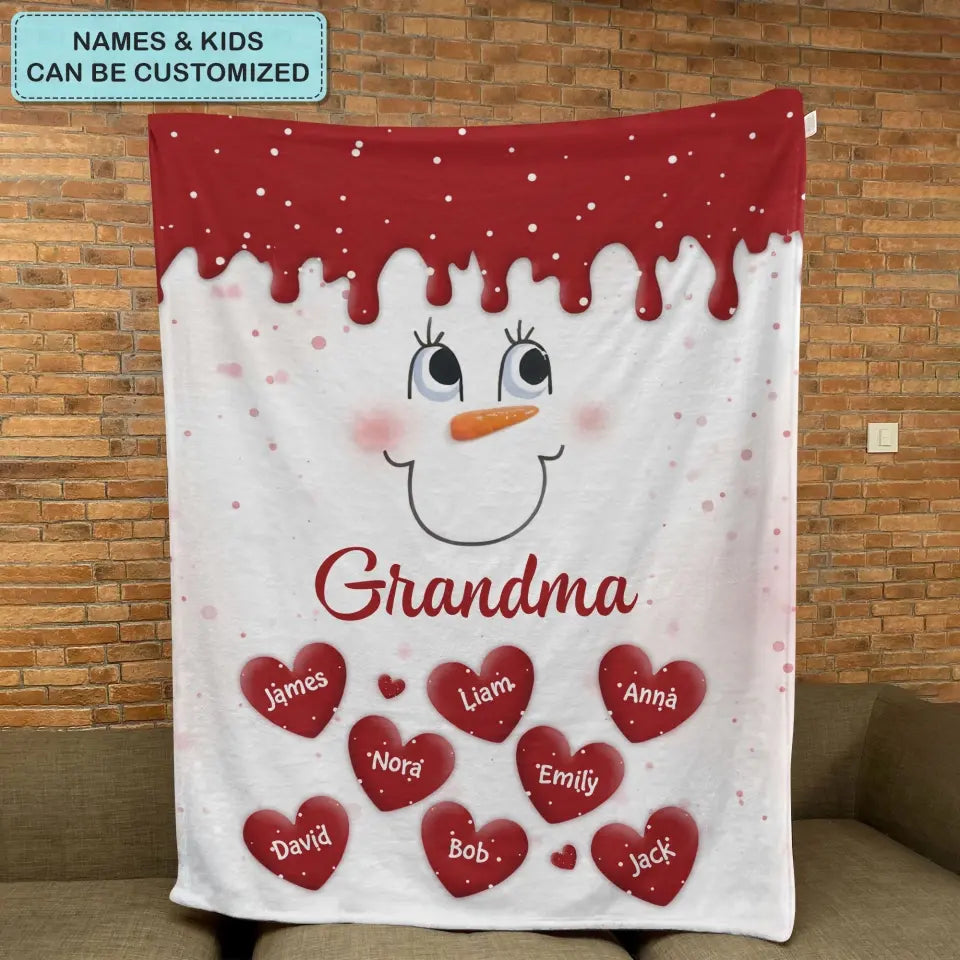 Cute Snowmy Grandma Mom Little Heart Kids - Personalized Custom Blanket - Mother's Day, Christmas Gift For Grandma, Mom, Family Members
