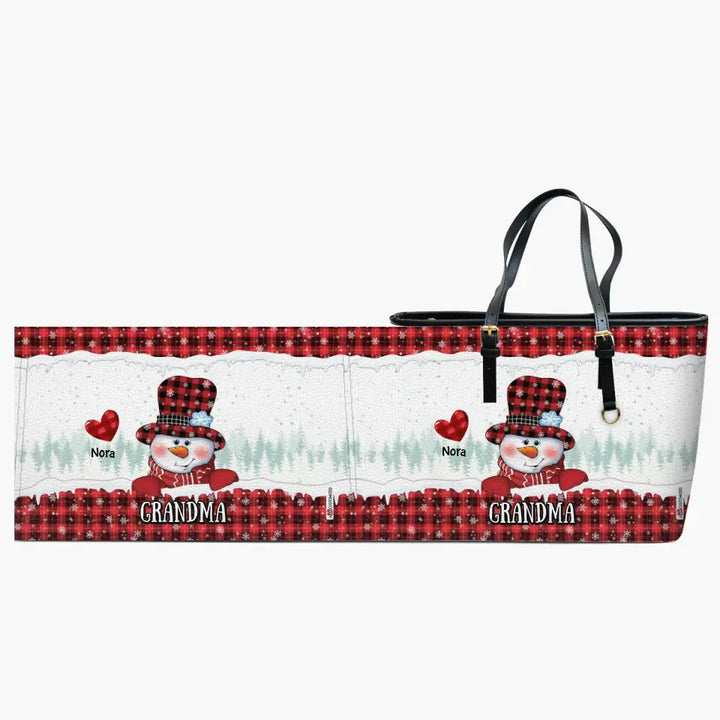 Personalized Leather Bucket Bag - Mother's Day, Christmas Gift For Grandma, Mom - Christmas Snowman Nana Sweetheart Kids
