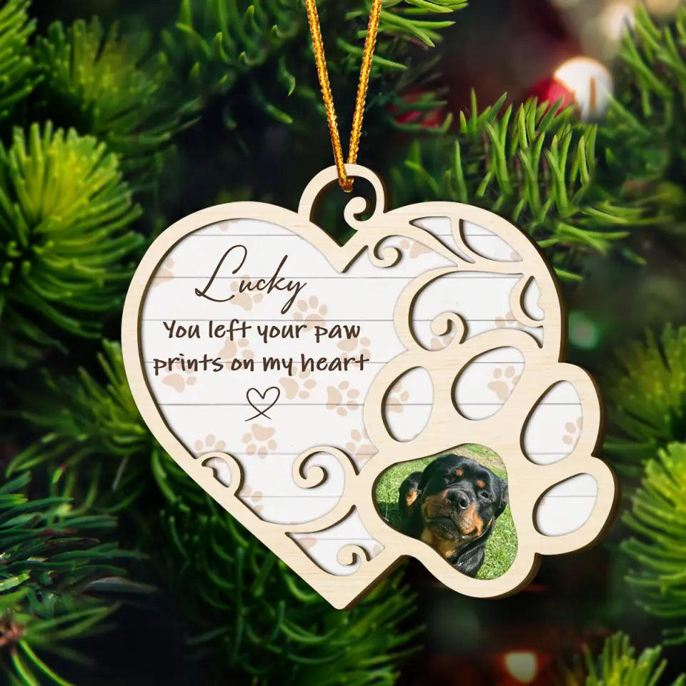 You Left Your Paw Prints On My Heart - Personalized Custom Wood Ornament - Christmas, Memorial Gift For Dog Moms, Dog Dads, Cat Moms, Cat Dads