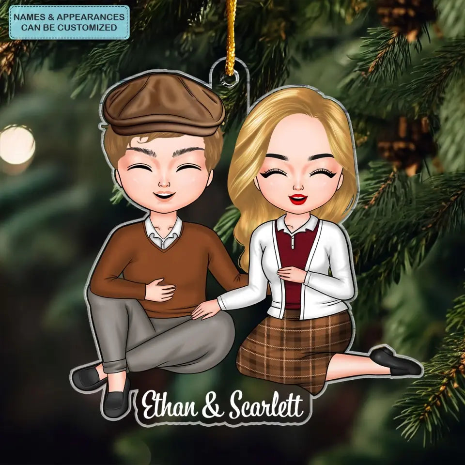Old Couple Sitting Chibi Ornament - Personalized Custom Mica Ornament - Christmas Gift For Couple, Husband, Wife CLA0DM012