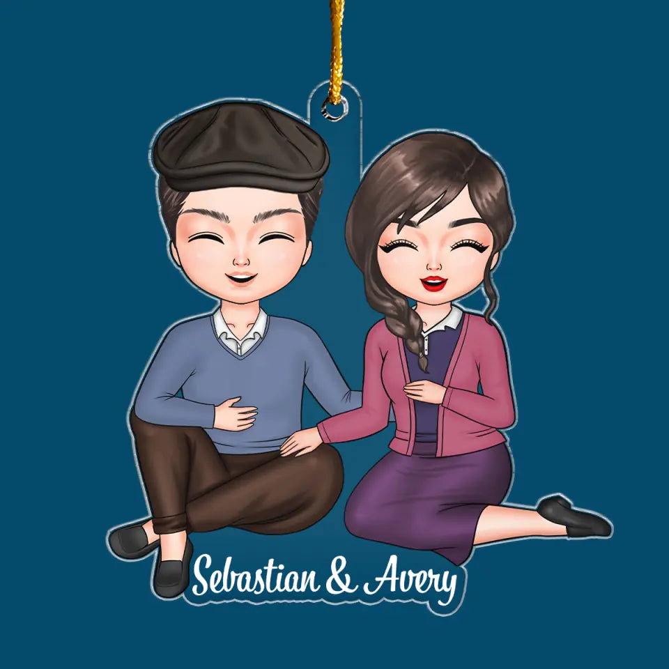 Old Couple Sitting Chibi Ornament - Personalized Custom Mica Ornament - Christmas Gift For Couple, Husband, Wife CLA0DM012