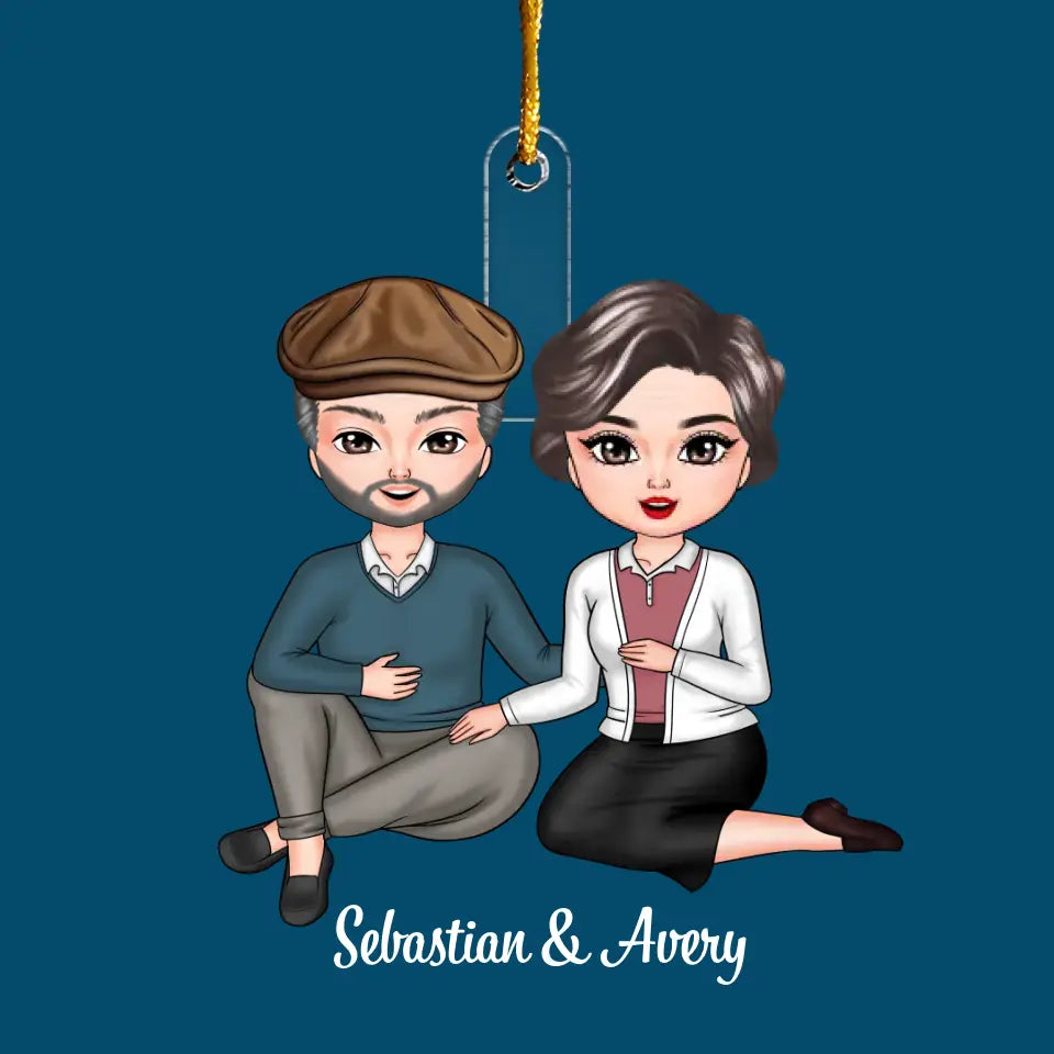 Old Couple Sitting Chibi Ornament - Personalized Custom Mica Ornament - Christmas Gift For Couple, Husband, Wife CLA0DM012