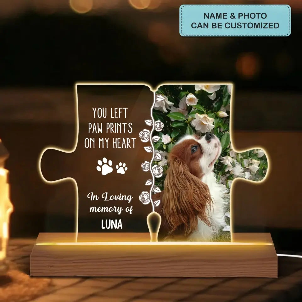 You Left Paw Prints On Our Hearts - Personalized Custom 3D Led Light - Memorial Gift For Pet Lover, Dog Mom, Cat Mom