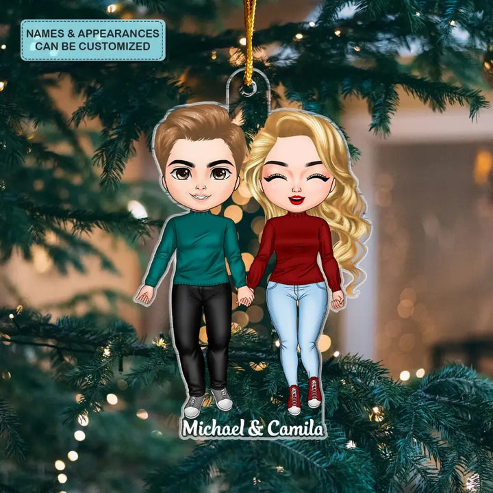 Young Couple Standing Chibi Ornament - Personalized Custom Mica Ornament - Christmas Gift For Couple, Husband, Wife, Family Members CLA0DM016