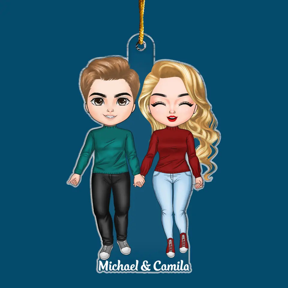 Young Couple Standing Chibi Ornament - Personalized Custom Mica Ornament - Christmas Gift For Couple, Husband, Wife, Family Members CLA0DM016