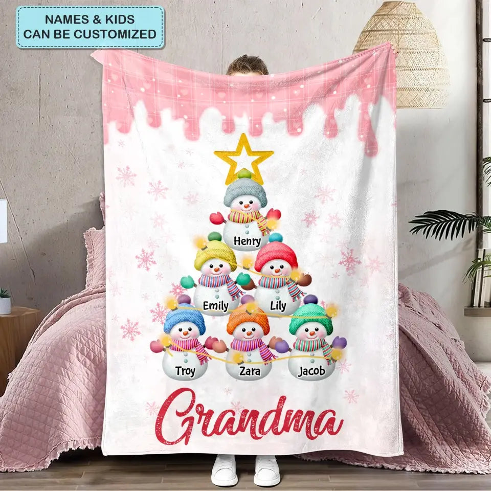 Snowman Kids Christmas Tree - Personalized Custom Blanket - Mother's Day, Christmas Gift For Grandma, Mom, Family Members