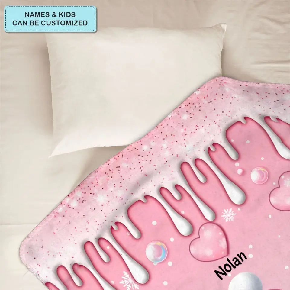 Sweet Pinky Snowman Grandma Mom Heart Kids - Personalized Custom Blanket - Mother's Day, Christmas Gift For Grandma, Mom, Family Members