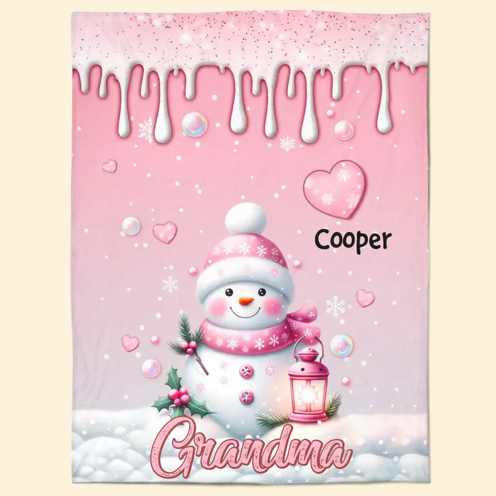 Sweet Pinky Snowman Grandma Mom Heart Kids - Personalized Custom Blanket - Mother's Day, Christmas Gift For Grandma, Mom, Family Members
