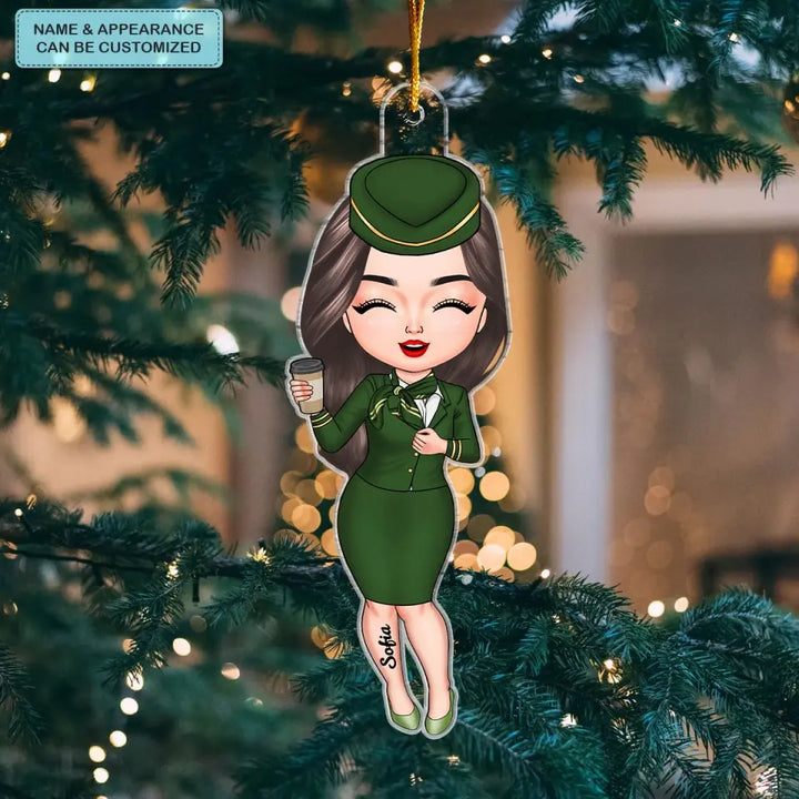 Flight Attendant Chibi Ornament - Personalized Custom Mica Ornament - Christmas Gift For Flight Attendant, Family Members CLA0DM010