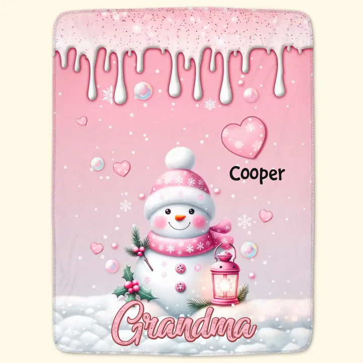 Sweet Pinky Snowman Grandma Mom Heart Kids - Personalized Custom Blanket - Mother's Day, Christmas Gift For Grandma, Mom, Family Members