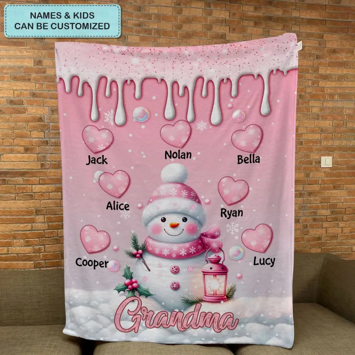 Sweet Pinky Snowman Grandma Mom Heart Kids - Personalized Custom Blanket - Mother's Day, Christmas Gift For Grandma, Mom, Family Members