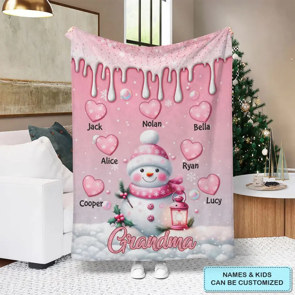 Sweet Pinky Snowman Grandma Mom Heart Kids - Personalized Custom Blanket - Mother's Day, Christmas Gift For Grandma, Mom, Family Members