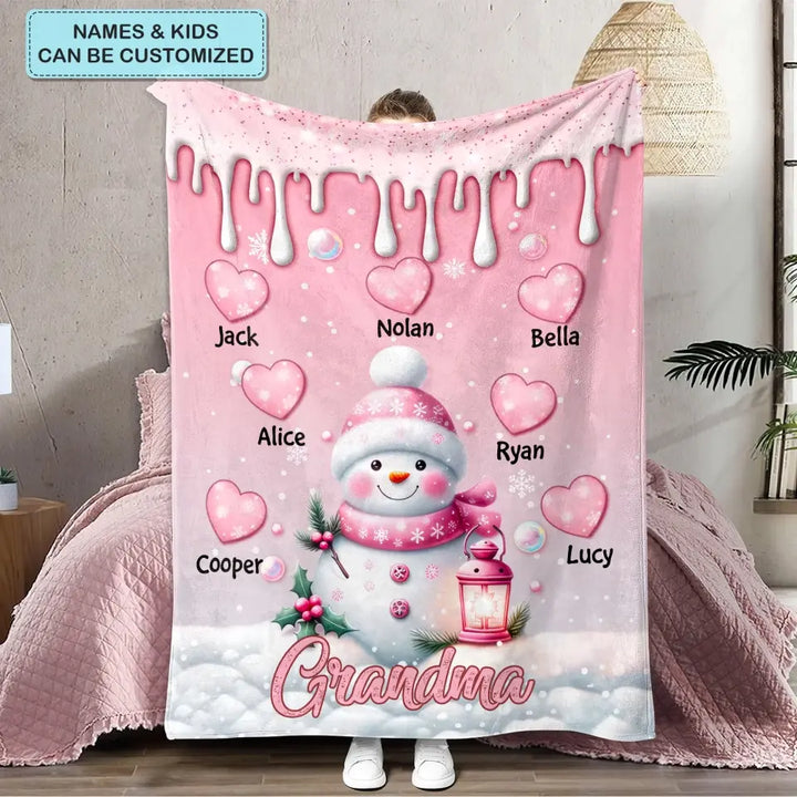 Sweet Pinky Snowman Grandma Mom Heart Kids - Personalized Custom Blanket - Mother's Day, Christmas Gift For Grandma, Mom, Family Members