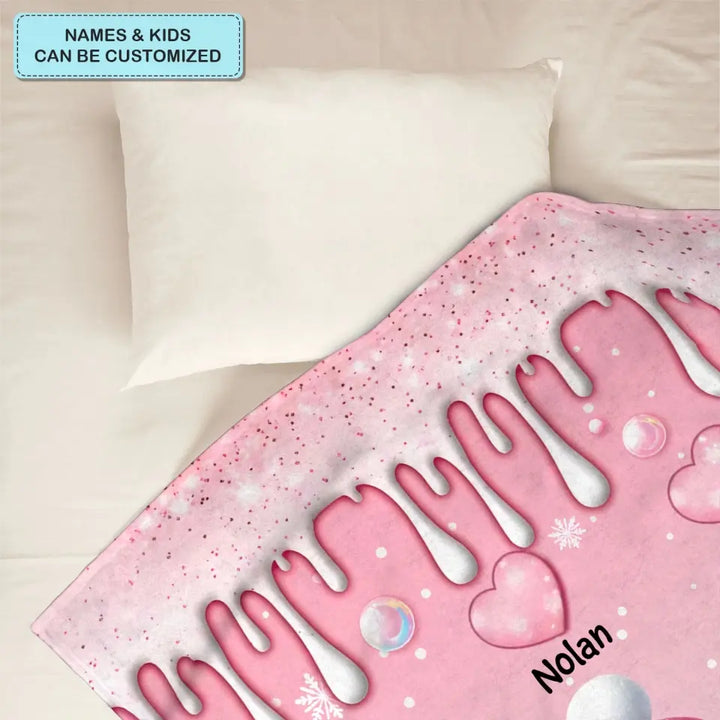 Sweet Pinky Snowman Grandma Mom Heart Kids - Personalized Custom Blanket - Mother's Day, Christmas Gift For Grandma, Mom, Family Members