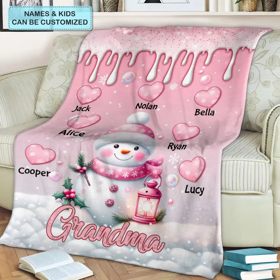 Sweet Pinky Snowman Grandma Mom Heart Kids - Personalized Custom Blanket - Mother's Day, Christmas Gift For Grandma, Mom, Family Members