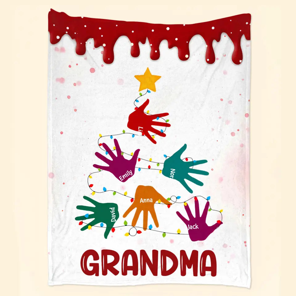 Nana Mom Handprint Christmas Tree - Personalized Custom Blanket - Mother's Day, Christmas Gift For Grandma, Mom, Family Members