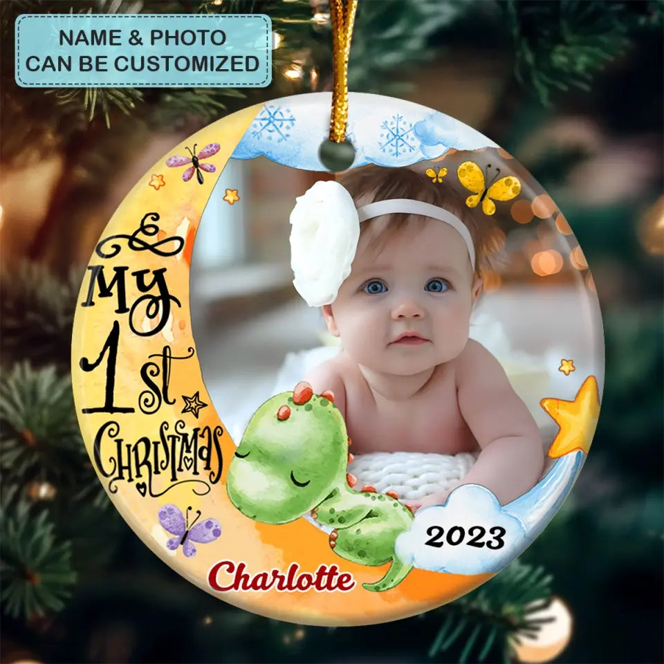 Baby First Christmas Dinosaur - Personalized Custom Ceramic Ornament - Christmas Gift For Family Members