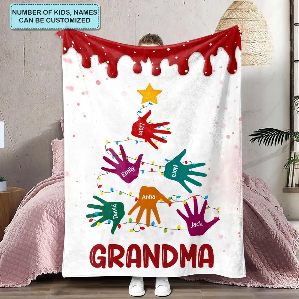 Nana Mom Handprint Christmas Tree - Personalized Custom Blanket - Mother's Day, Christmas Gift For Grandma, Mom, Family Members