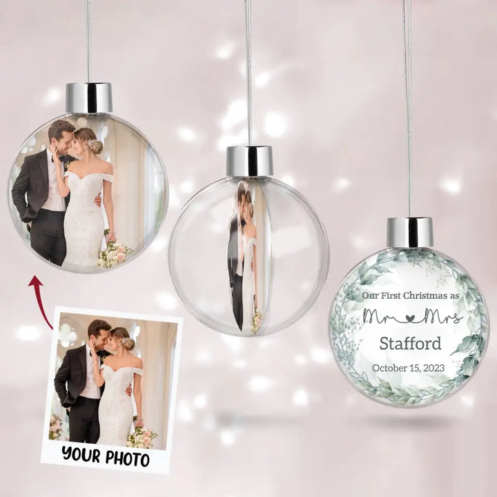Wedding Couple Our First Christmas - Personalized Custom Photo Ball Ornament - Christmas Gift For Couple, Husband, Wife, Family Members