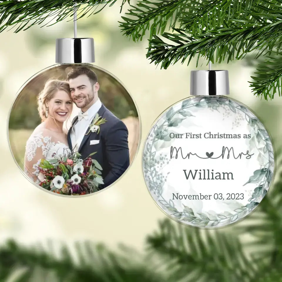 Wedding Couple Our First Christmas - Personalized Custom Photo Ball Ornament - Christmas Gift For Couple, Husband, Wife, Family Members