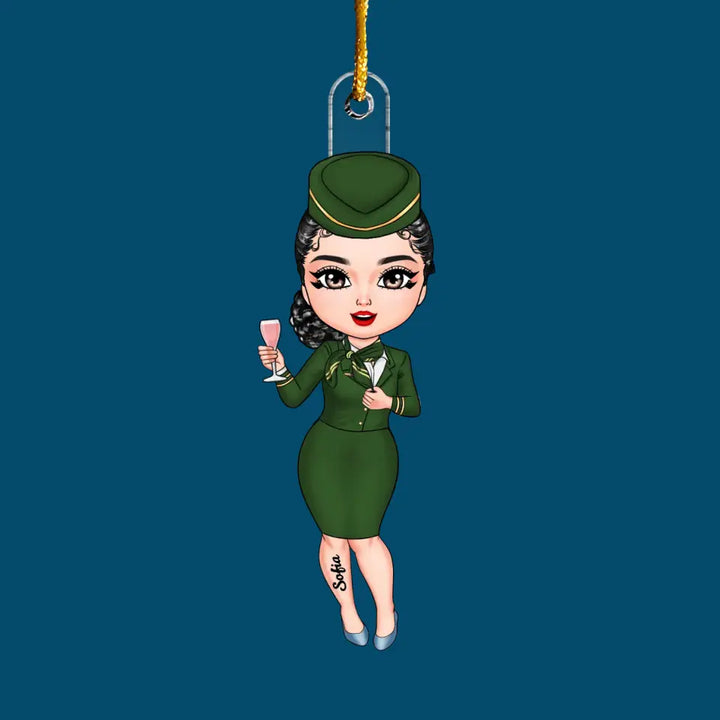 Flight Attendant Chibi Ornament - Personalized Custom Mica Ornament - Christmas Gift For Flight Attendant, Family Members CLA0DM010