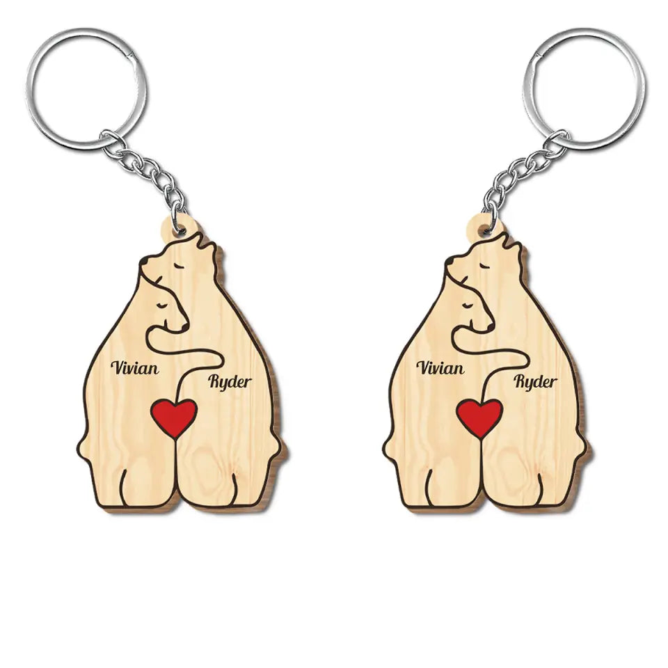 Bear Couple - Personalized Custom Wooden Keychain - Valentine's Day Gift For Couple, Wife, Husband, Boyfriends, Girlfriends