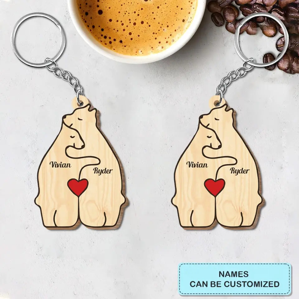 Bear Couple - Personalized Custom Wooden Keychain - Valentine's Day Gift For Couple, Wife, Husband, Boyfriends, Girlfriends