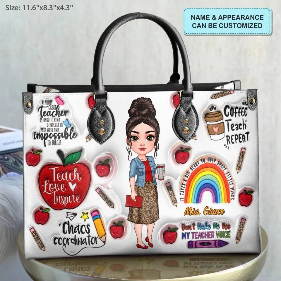 Teach Love Inspire Teacher New Version - Personalized Custom Leather Bag - Teacher's Day, Appreciation Gift For Teacher